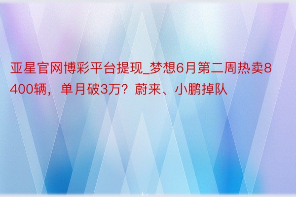 亚星官网博彩平台提现_梦想6月第二周热卖8400辆，单月破3万？蔚来、小鹏掉队